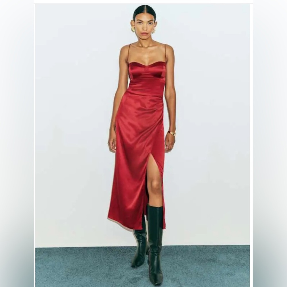 Reformation Marguerite Silk Dress Sangre Red Midi Slit 12P Petite NEW‎